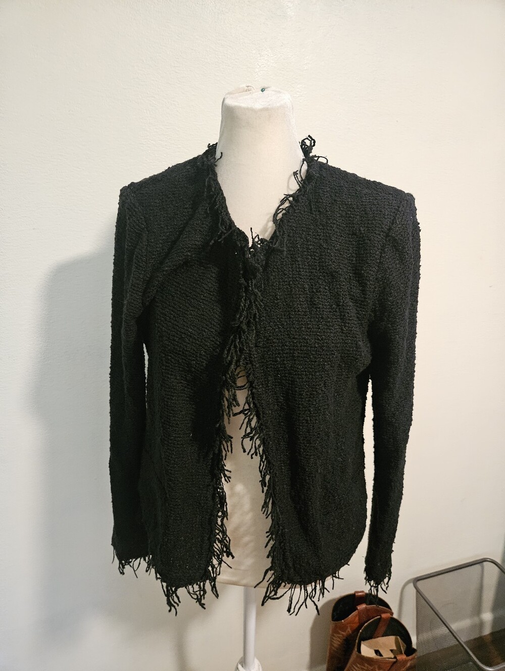 Iro Black Fringed Open-Front Blazar Eu 38 Medim